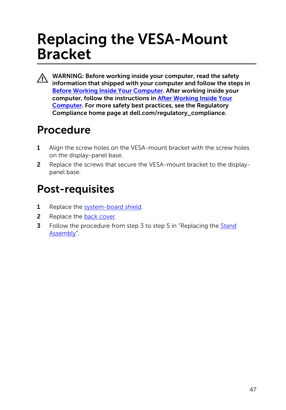 Replacing the vesa-mount bracket, Procedure, Post-requisites | Dell Inspiron 20 (3048, Early 2014) User Manual | Page 47 / 85