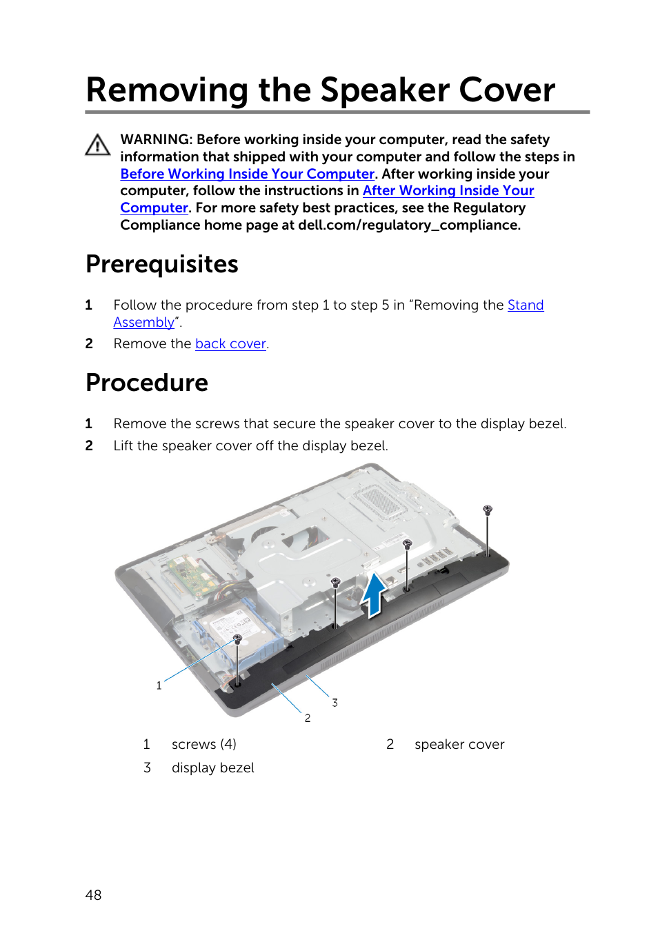 Removing the speaker cover, Prerequisites, Procedure | Dell Inspiron 20 (3048, Early 2014) User Manual | Page 48 / 85