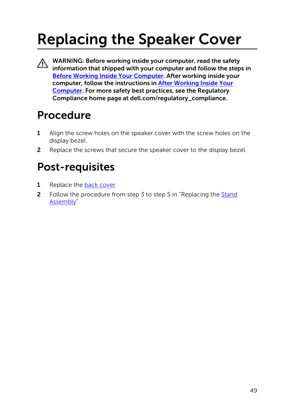 Replacing the speaker cover, Procedure, Post-requisites | Dell Inspiron 20 (3048, Early 2014) User Manual | Page 49 / 85