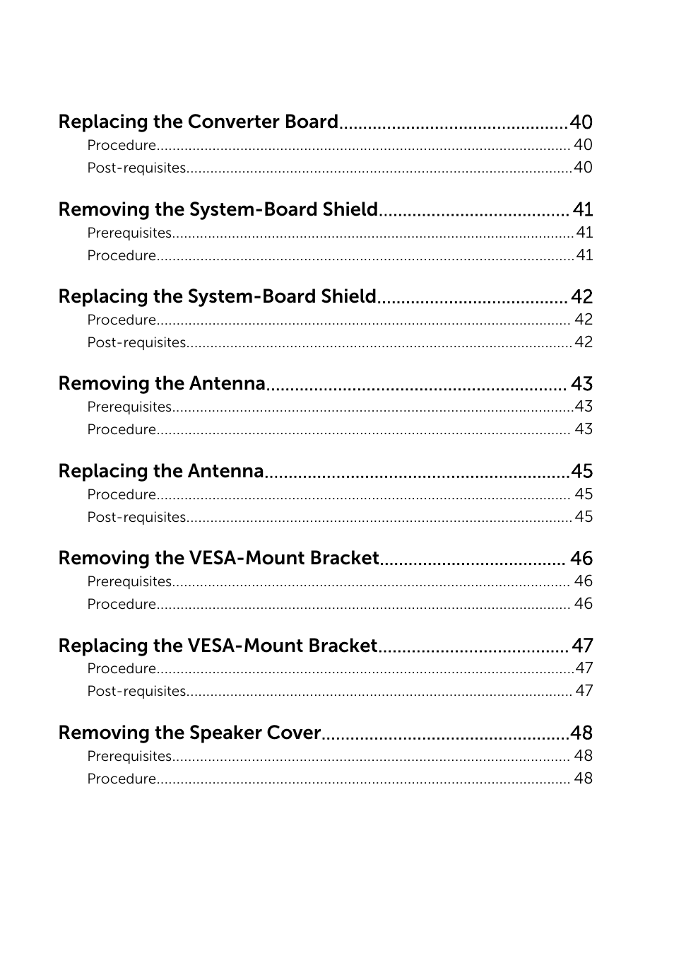 Replacing the converter board, Removing the system-board shield, Replacing the system-board shield | Removing the antenna, Replacing the antenna, Removing the vesa-mount bracket, Replacing the vesa-mount bracket, Removing the speaker cover | Dell Inspiron 20 (3048, Early 2014) User Manual | Page 5 / 85