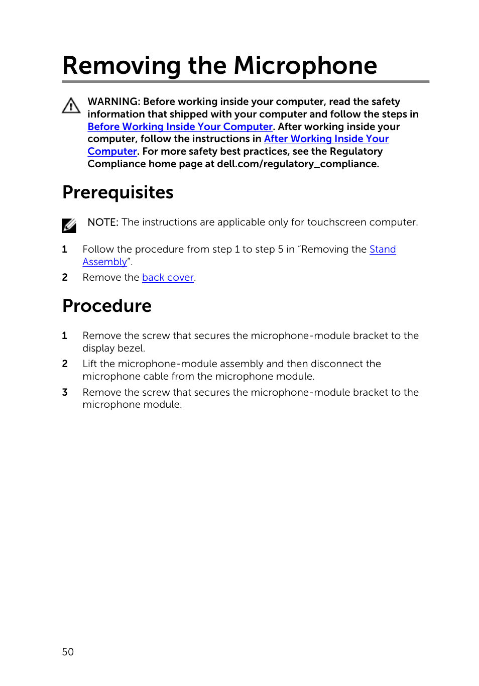 Removing the microphone, Prerequisites, Procedure | Dell Inspiron 20 (3048, Early 2014) User Manual | Page 50 / 85