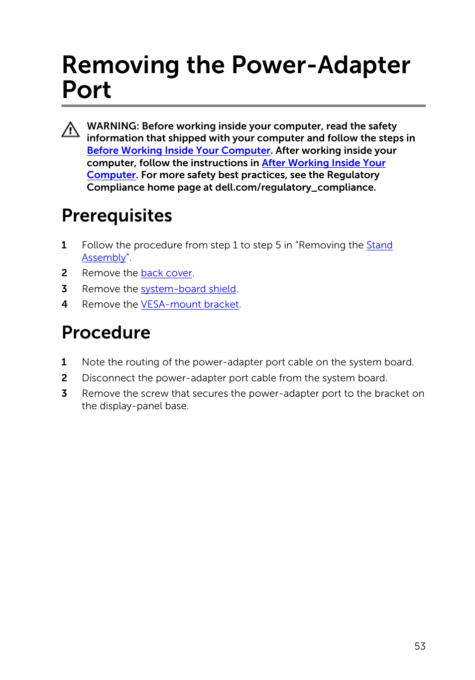 Removing the power-adapter port, Prerequisites, Procedure | Dell Inspiron 20 (3048, Early 2014) User Manual | Page 53 / 85