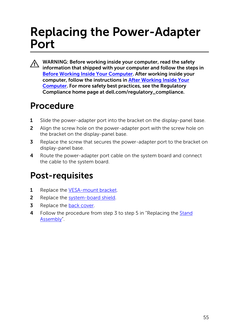 Replacing the power-adapter port, Procedure, Post-requisites | Dell Inspiron 20 (3048, Early 2014) User Manual | Page 55 / 85