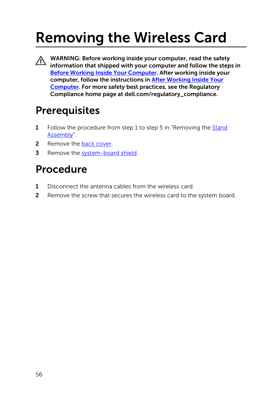 Removing the wireless card, Prerequisites, Procedure | Dell Inspiron 20 (3048, Early 2014) User Manual | Page 56 / 85