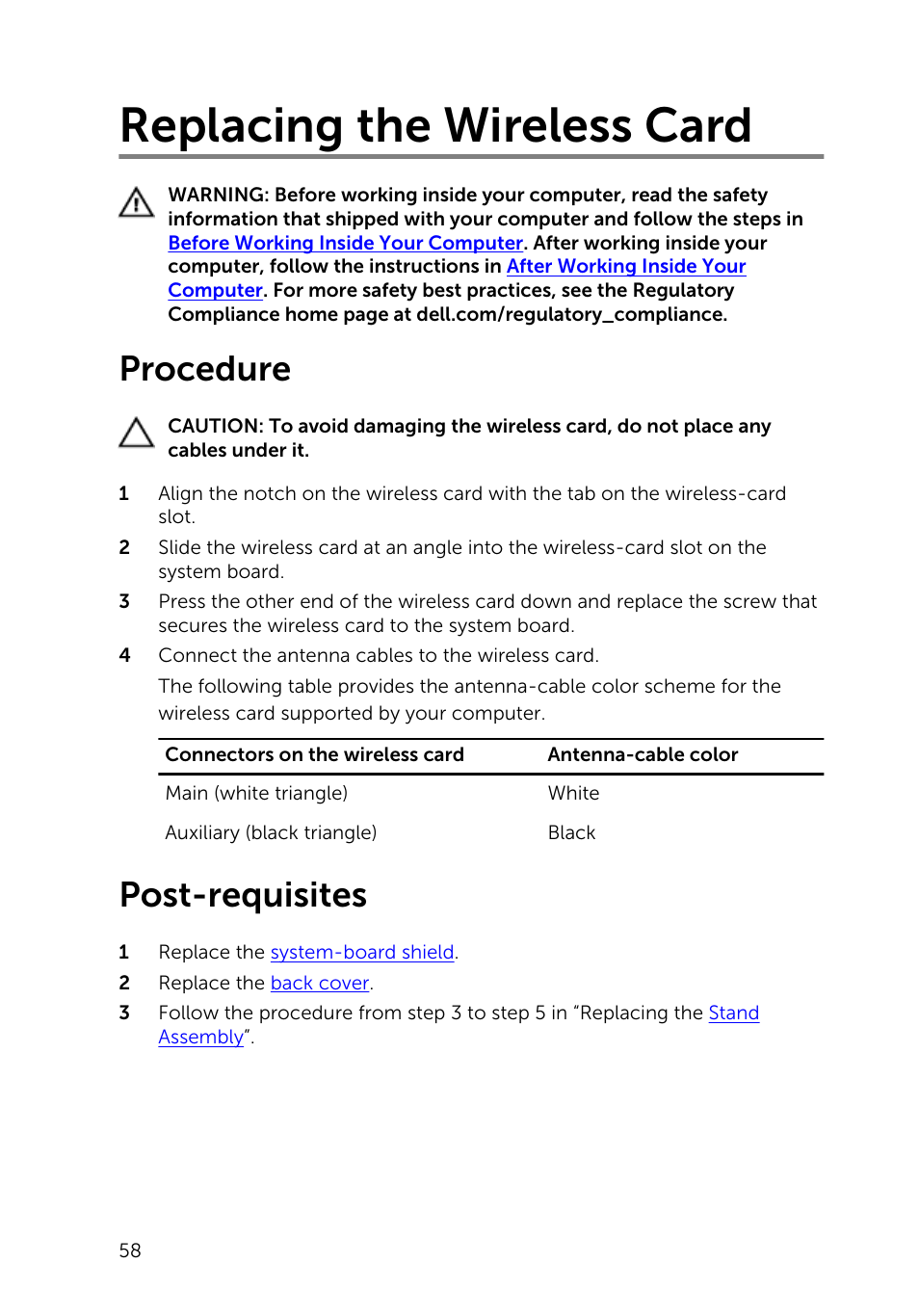 Replacing the wireless card, Procedure, Post-requisites | Dell Inspiron 20 (3048, Early 2014) User Manual | Page 58 / 85