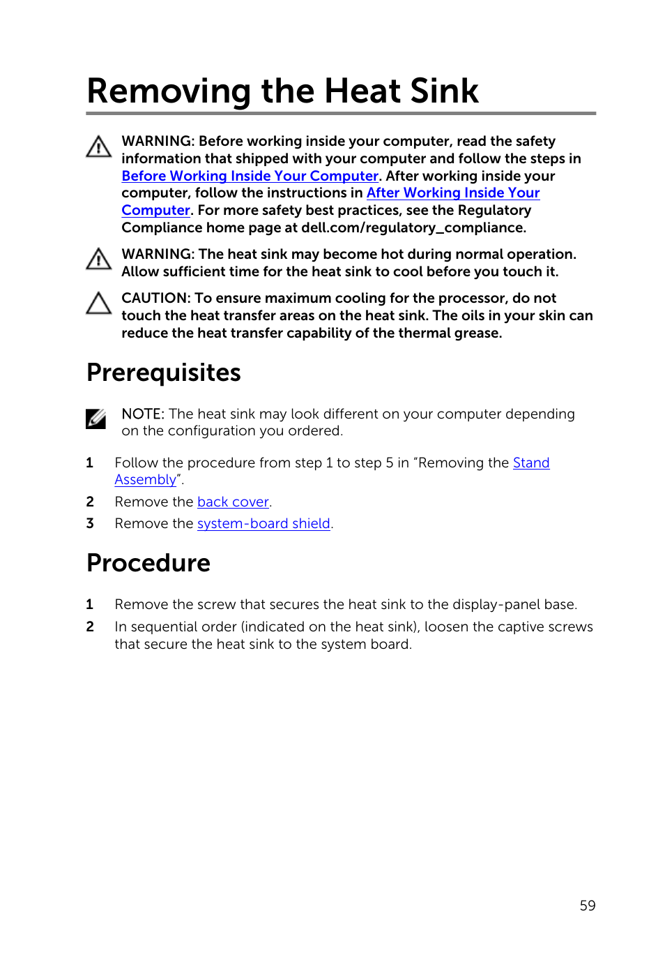 Removing the heat sink, Prerequisites, Procedure | Dell Inspiron 20 (3048, Early 2014) User Manual | Page 59 / 85