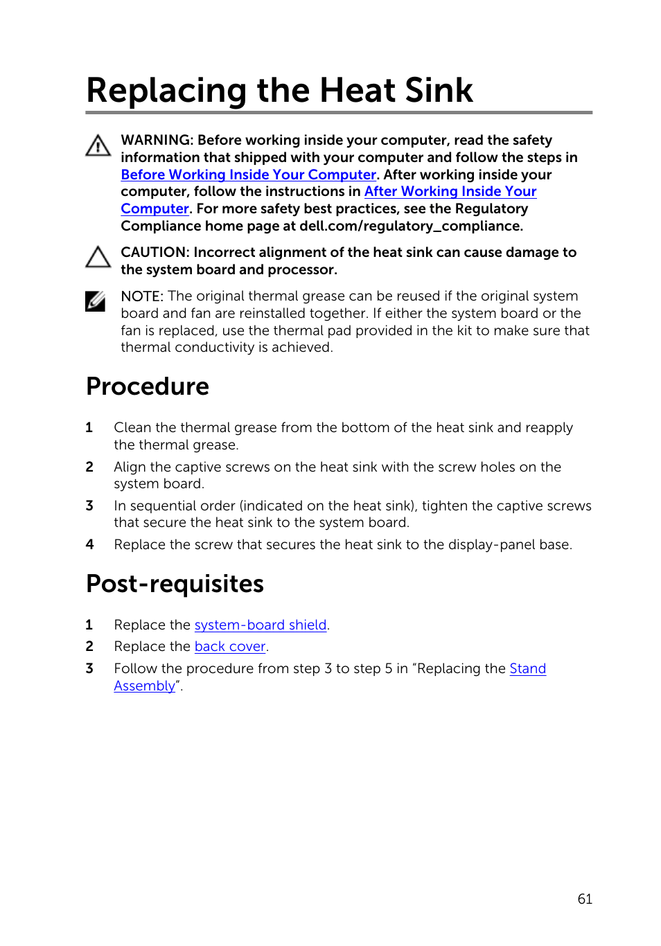 Replacing the heat sink, Procedure, Post-requisites | Dell Inspiron 20 (3048, Early 2014) User Manual | Page 61 / 85