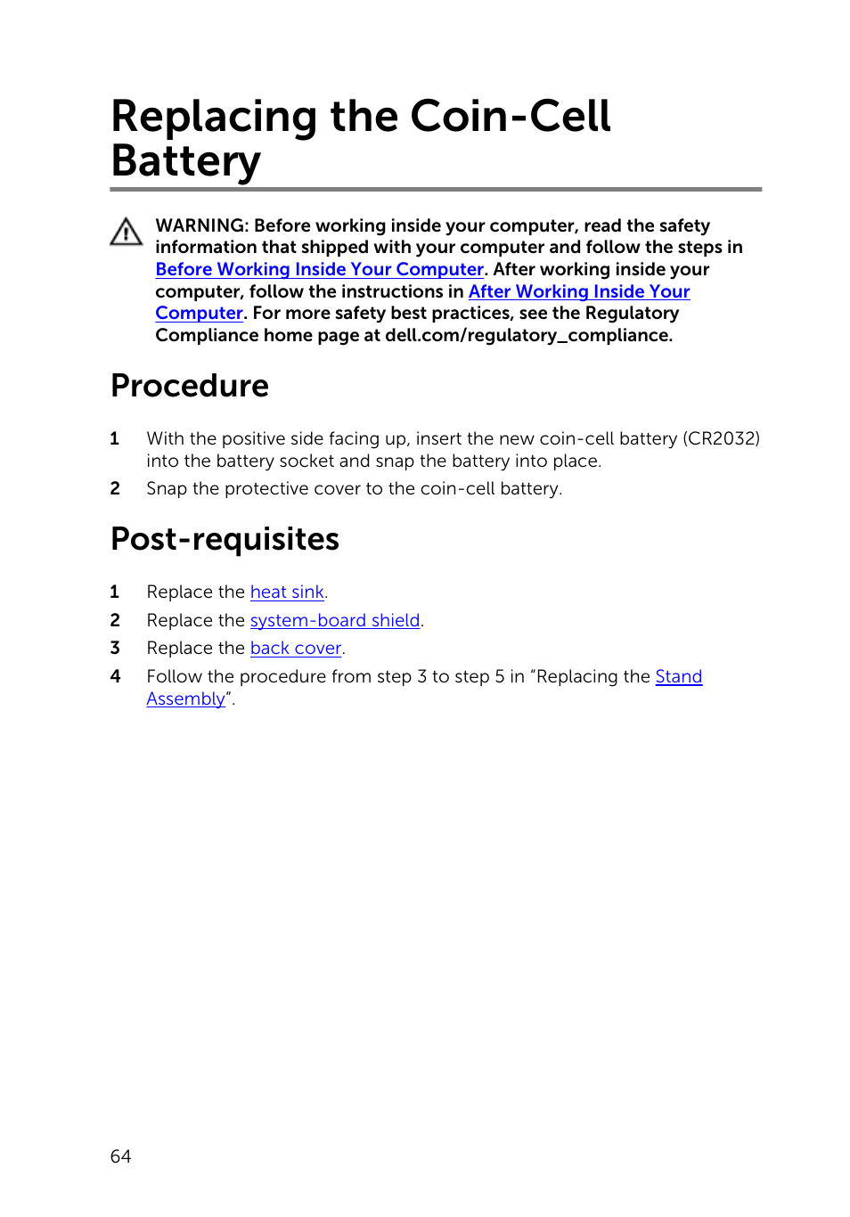 Replacing the coin-cell battery, Procedure, Post-requisites | Dell Inspiron 20 (3048, Early 2014) User Manual | Page 64 / 85