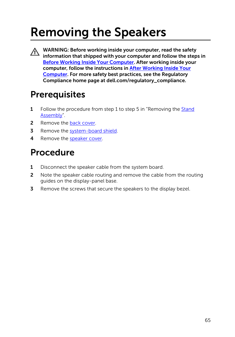 Removing the speakers, Prerequisites, Procedure | Dell Inspiron 20 (3048, Early 2014) User Manual | Page 65 / 85