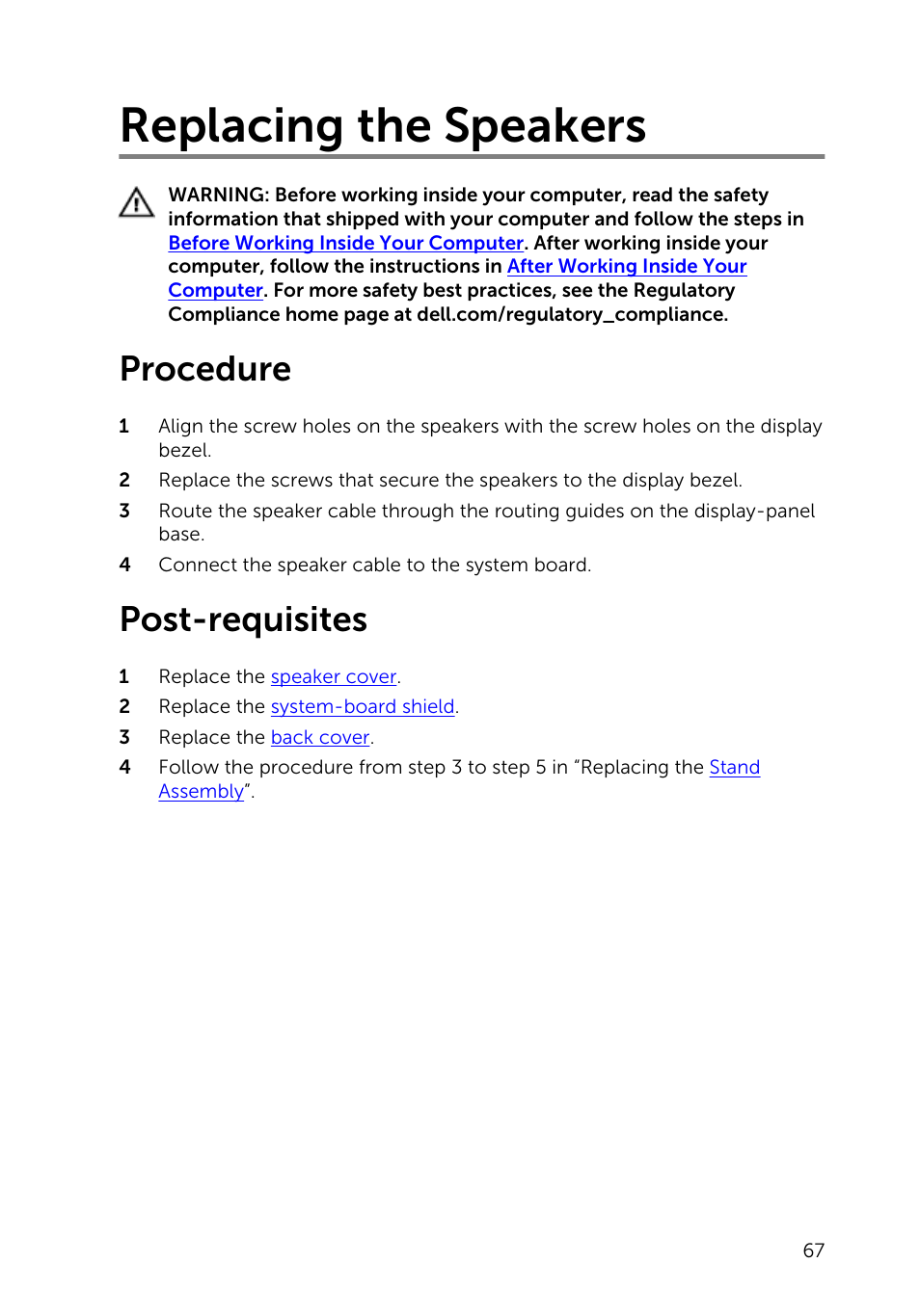 Replacing the speakers, Procedure, Post-requisites | Dell Inspiron 20 (3048, Early 2014) User Manual | Page 67 / 85