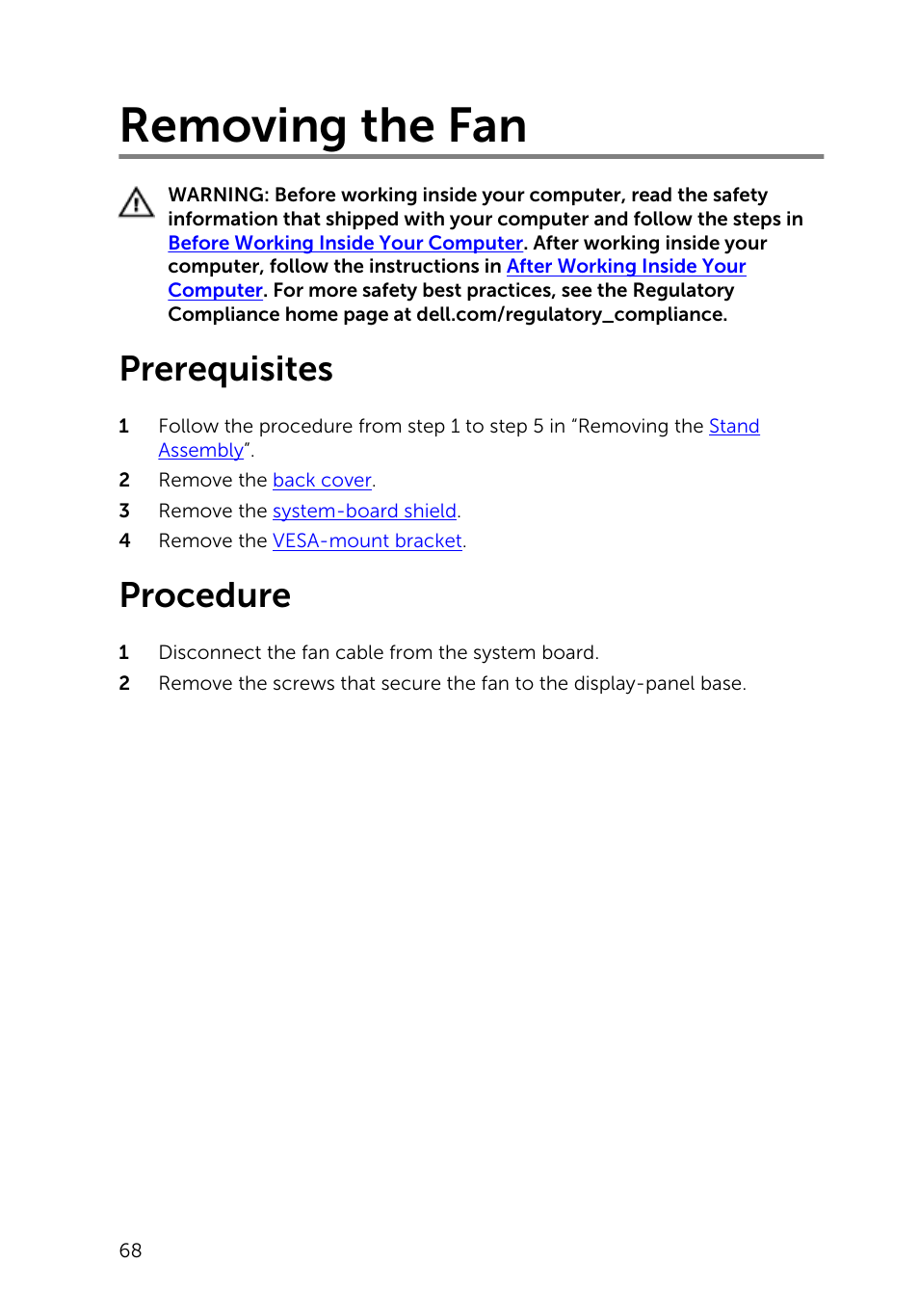 Removing the fan, Prerequisites, Procedure | Dell Inspiron 20 (3048, Early 2014) User Manual | Page 68 / 85