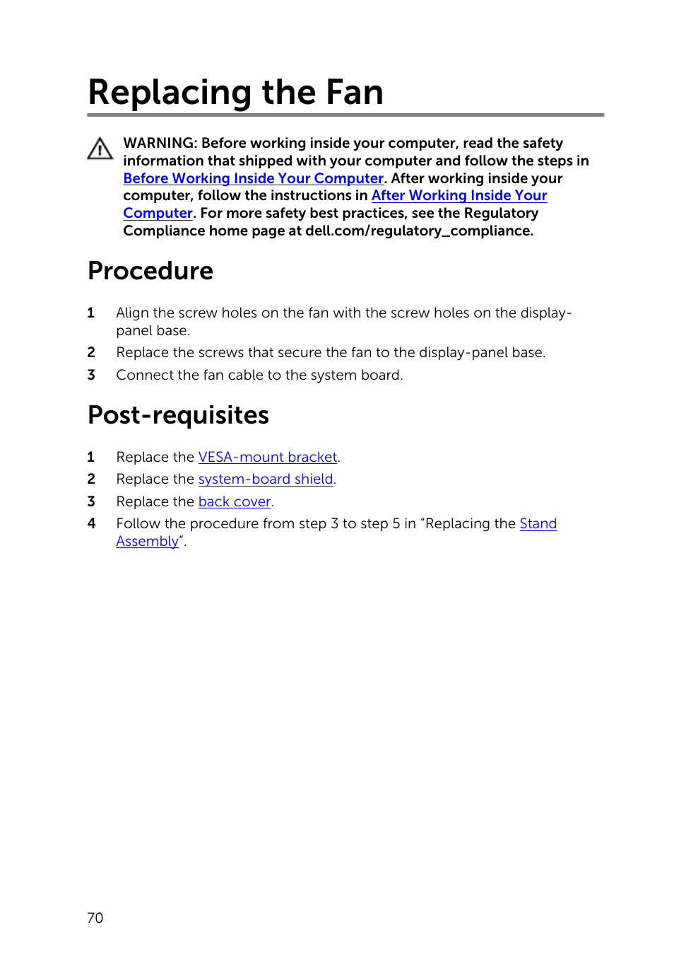Replacing the fan, Procedure, Post-requisites | Dell Inspiron 20 (3048, Early 2014) User Manual | Page 70 / 85