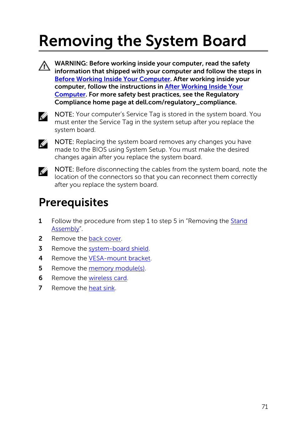 Removing the system board, Prerequisites | Dell Inspiron 20 (3048, Early 2014) User Manual | Page 71 / 85