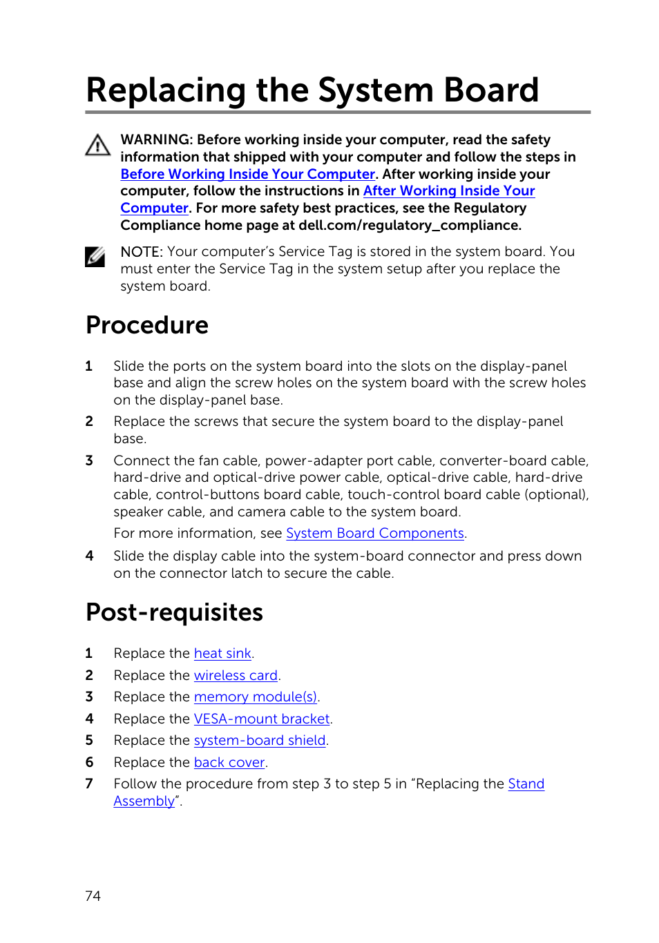Replacing the system board, Procedure, Post-requisites | Dell Inspiron 20 (3048, Early 2014) User Manual | Page 74 / 85