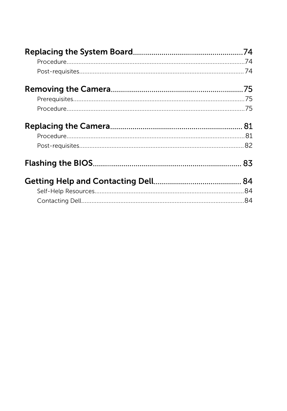 Replacing the system board, Removing the camera, Replacing the camera | Flashing the bios getting help and contacting dell | Dell Inspiron 20 (3048, Early 2014) User Manual | Page 8 / 85