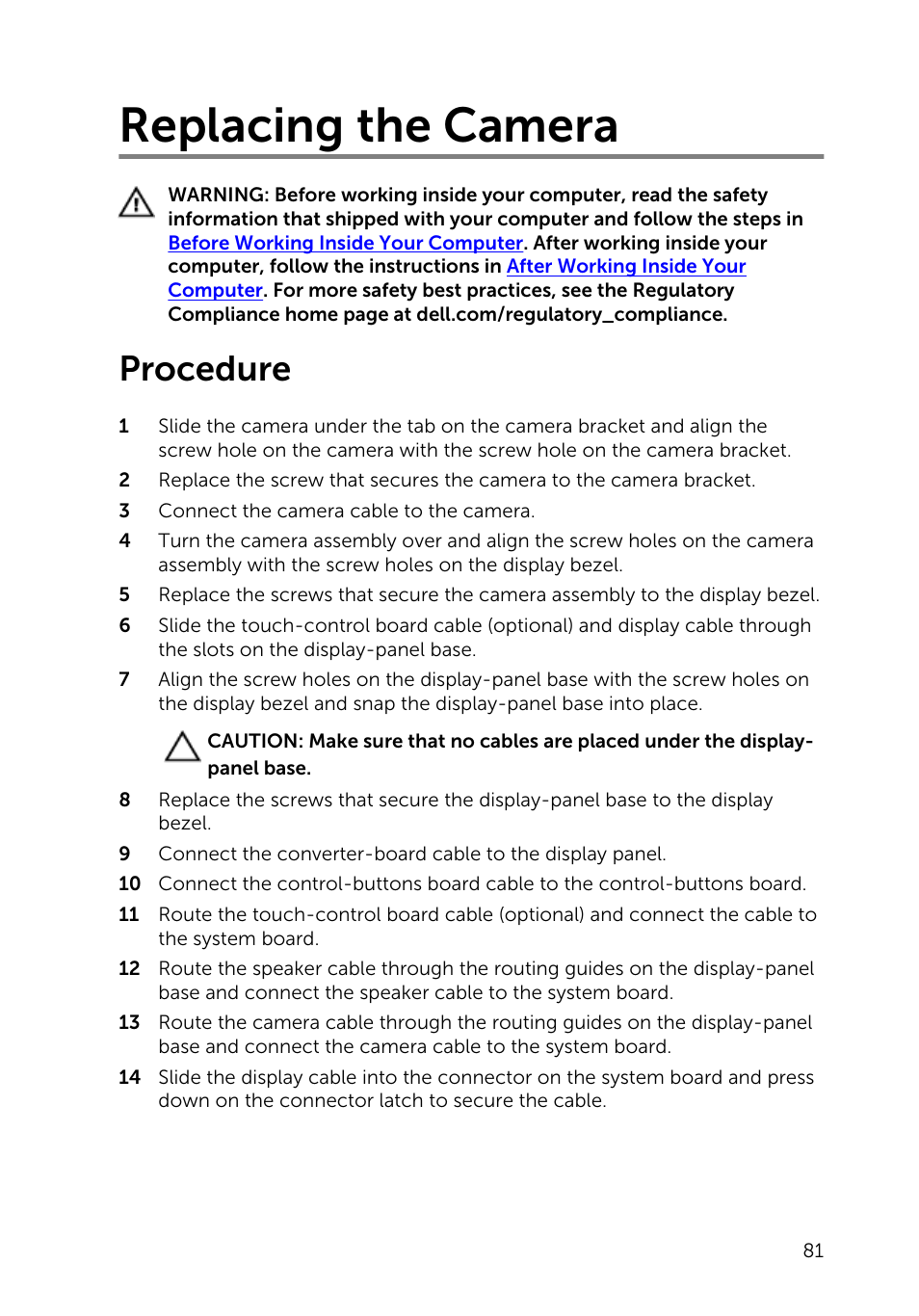 Replacing the camera, Procedure | Dell Inspiron 20 (3048, Early 2014) User Manual | Page 81 / 85
