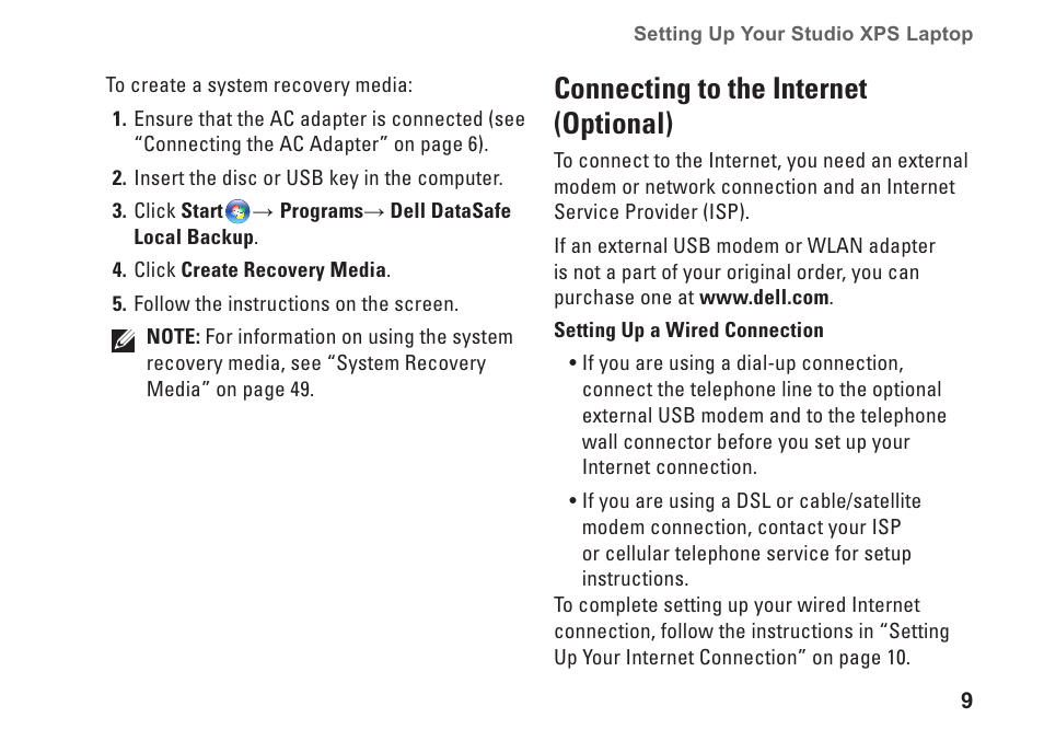 Connecting to the internet (optional) | Dell Studio XPS 1645 (Late 2009) User Manual | Page 11 / 80