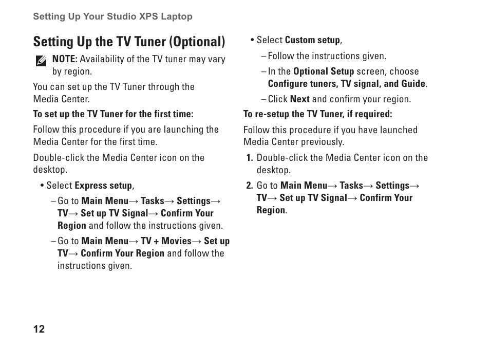 Setting up the tv tuner (optional) | Dell Studio XPS 1645 (Late 2009) User Manual | Page 14 / 80