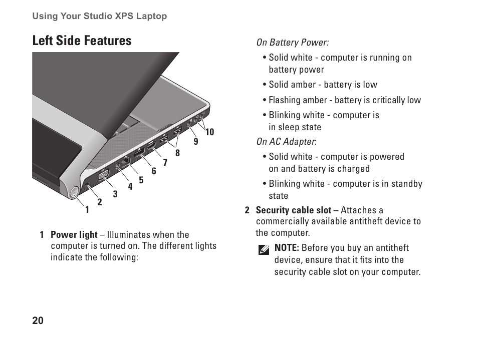 Left side features | Dell Studio XPS 1645 (Late 2009) User Manual | Page 22 / 80