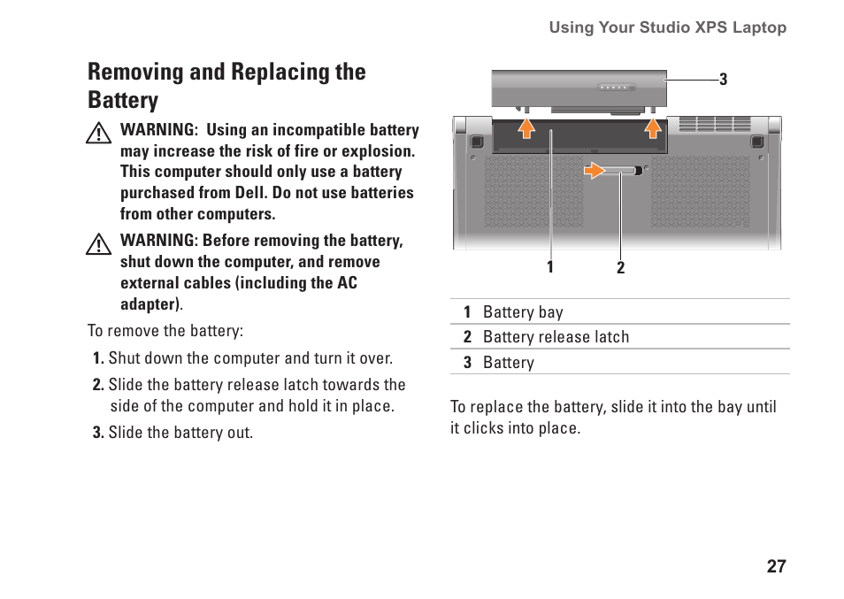 Removing and replacing the battery | Dell Studio XPS 1645 (Late 2009) User Manual | Page 29 / 80