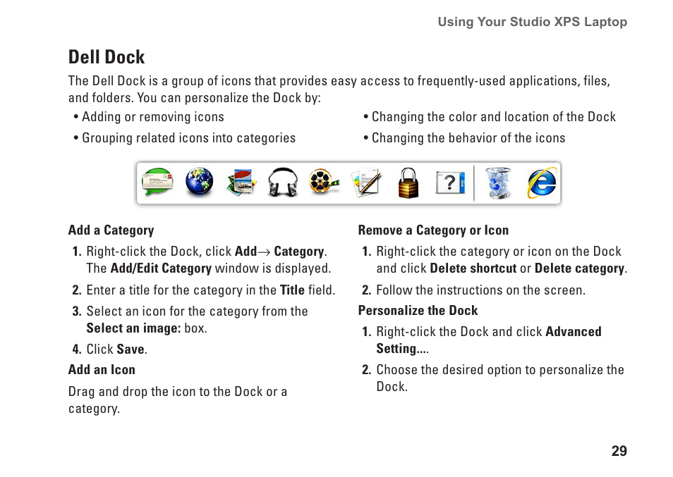 Dell dock | Dell Studio XPS 1645 (Late 2009) User Manual | Page 31 / 80