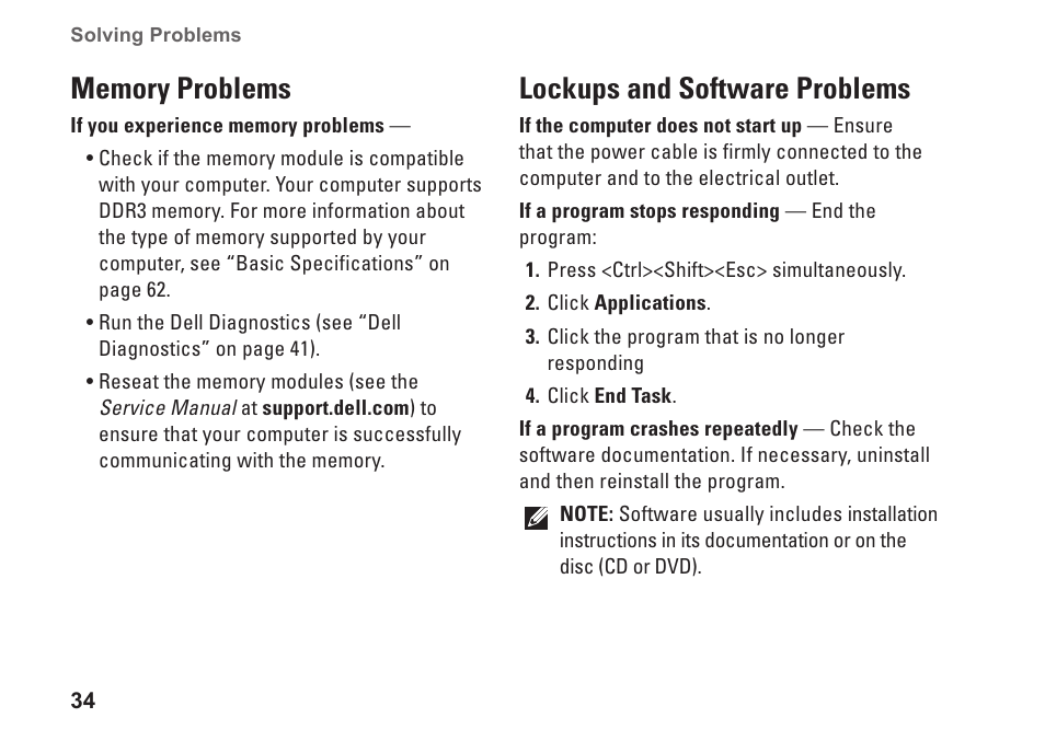 Memory problems, Lockups and software problems, Memory problems lockups and software problems | Dell Studio XPS 1645 (Late 2009) User Manual | Page 36 / 80