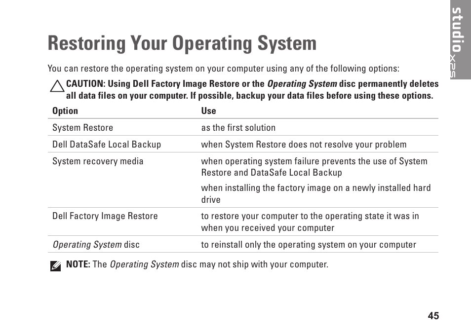 Restoring your operating system | Dell Studio XPS 1645 (Late 2009) User Manual | Page 47 / 80
