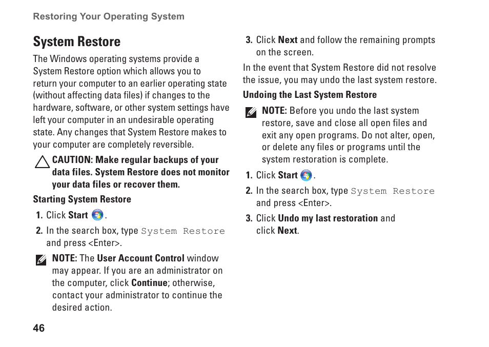 System restore | Dell Studio XPS 1645 (Late 2009) User Manual | Page 48 / 80