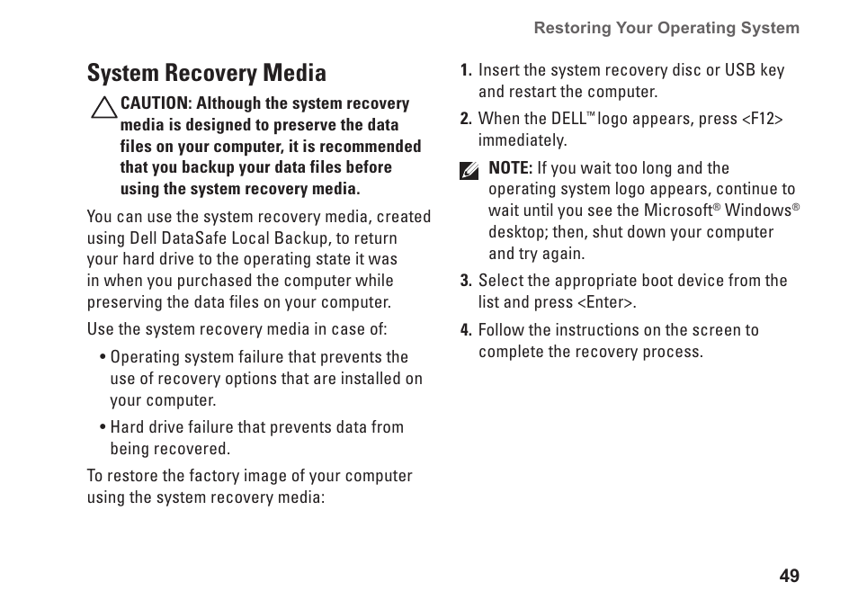 System recovery media | Dell Studio XPS 1645 (Late 2009) User Manual | Page 51 / 80