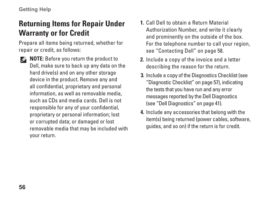 Returning items for repair under, Warranty or for credit | Dell Studio XPS 1645 (Late 2009) User Manual | Page 58 / 80