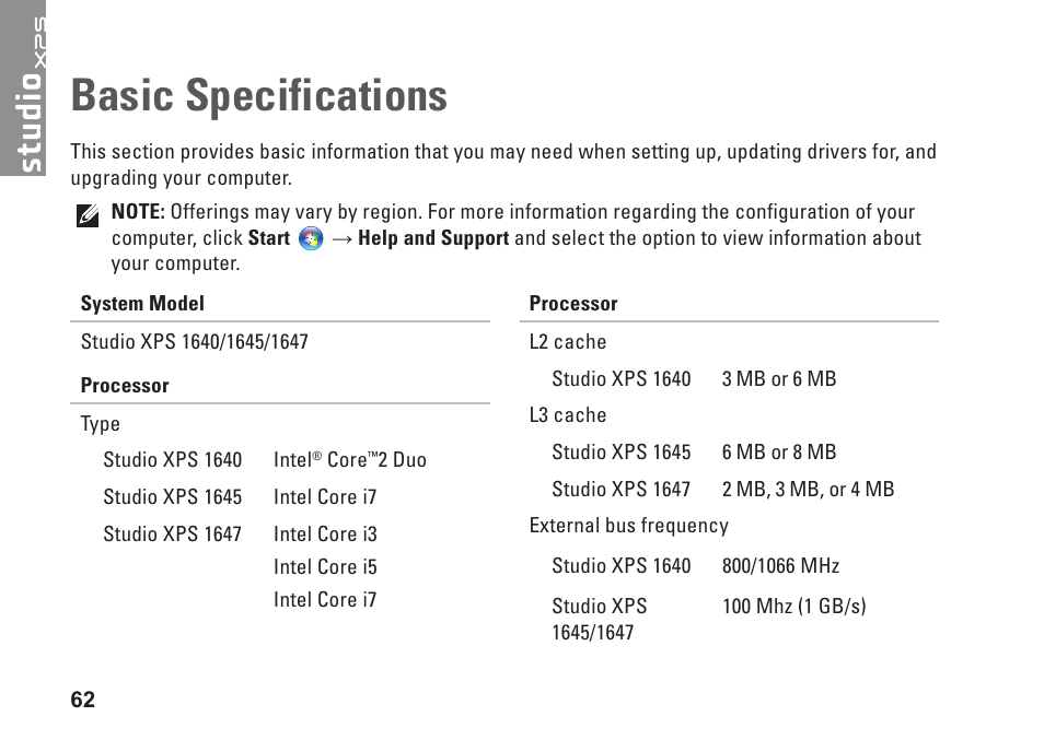 Basic specifications | Dell Studio XPS 1645 (Late 2009) User Manual | Page 64 / 80