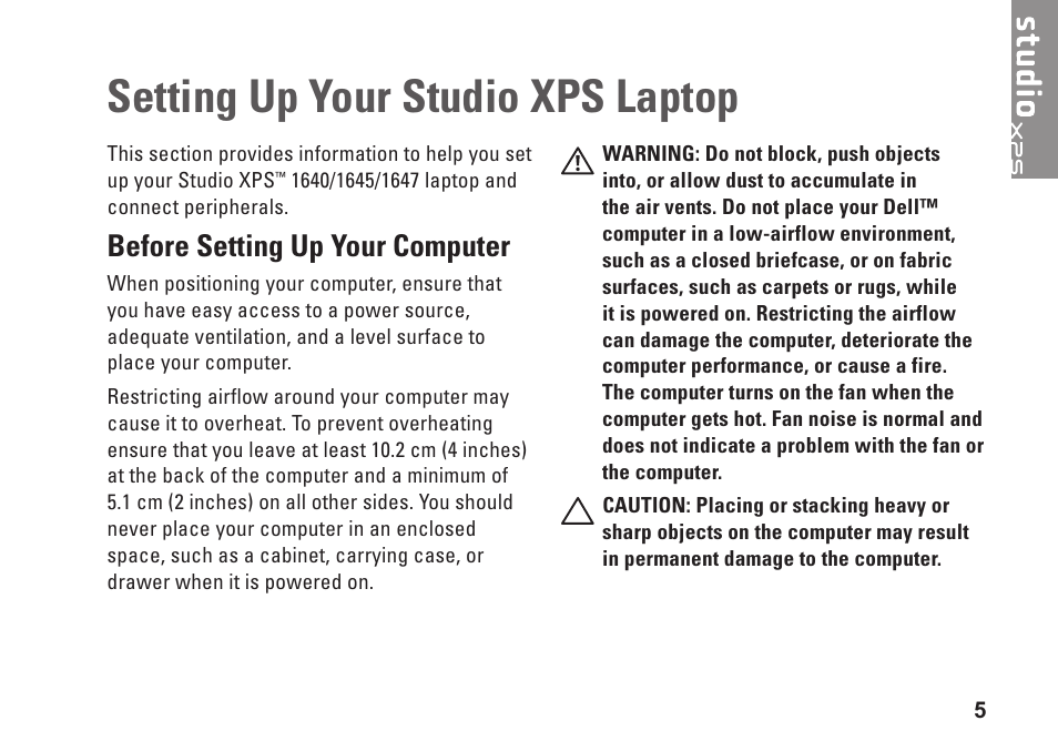 Setting up your studio xps laptop, Before setting up your computer | Dell Studio XPS 1645 (Late 2009) User Manual | Page 7 / 80