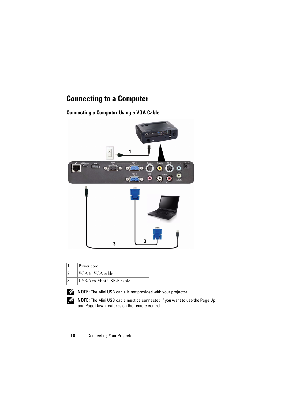 Connecting to a computer, Connecting a computer using a vga cable | Dell S300 Projector User Manual | Page 10 / 81