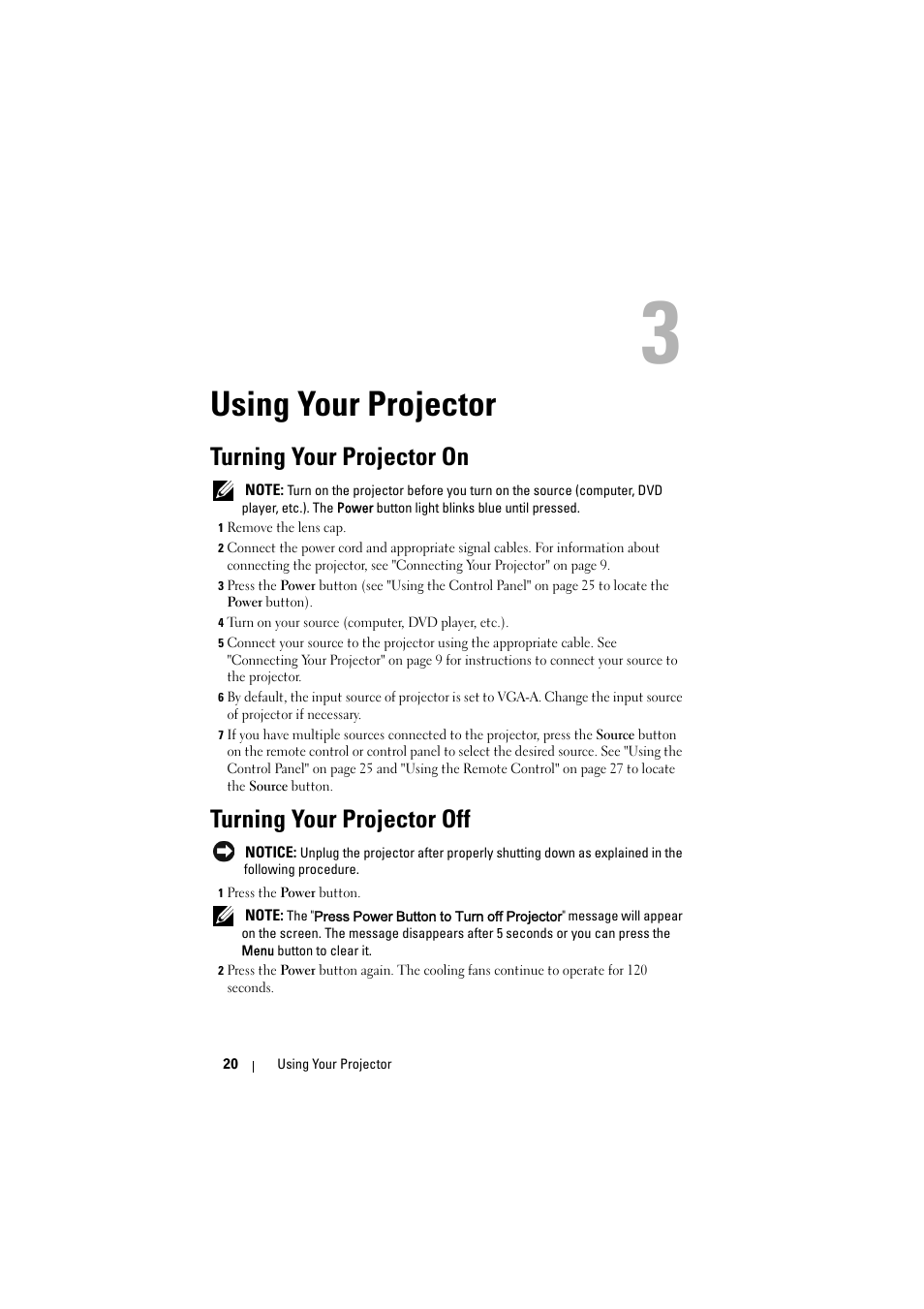 Using your projector, Turning your projector on, Turning your projector off | Dell S300 Projector User Manual | Page 20 / 81