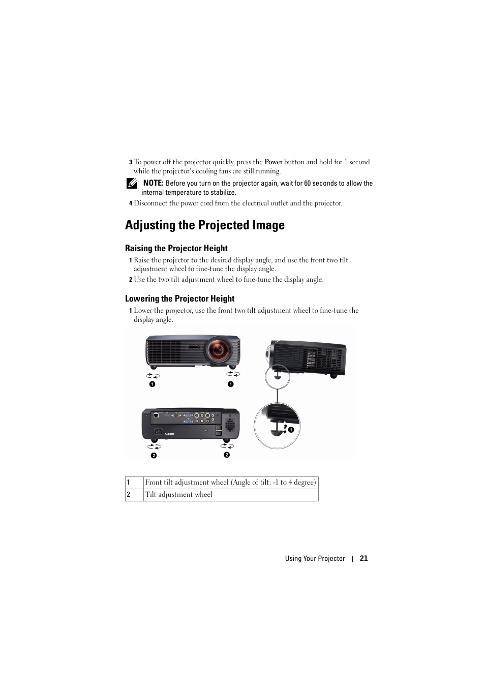 Adjusting the projected image, Raising the projector height, Lowering the projector height | Dell S300 Projector User Manual | Page 21 / 81