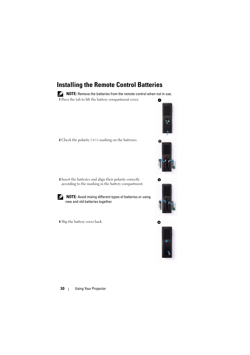 Installing the remote control batteries | Dell S300 Projector User Manual | Page 30 / 81