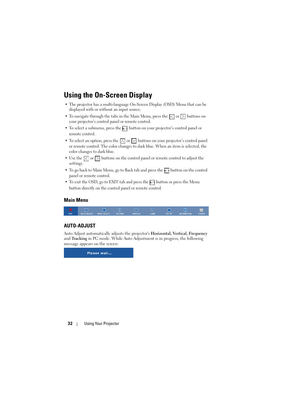 Using the on-screen display, Main menu, Auto-adjust | Dell S300 Projector User Manual | Page 32 / 81