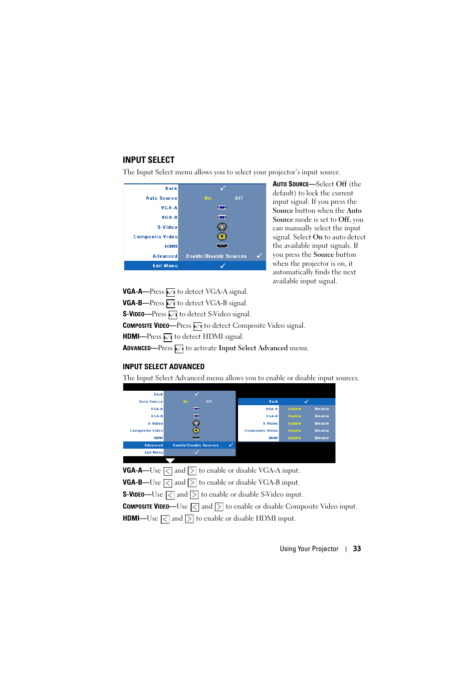 Input select, Input select advanced | Dell S300 Projector User Manual | Page 33 / 81