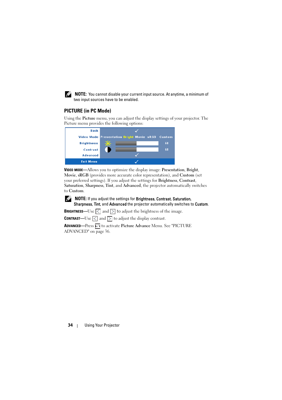 Picture (in pc mode) | Dell S300 Projector User Manual | Page 34 / 81