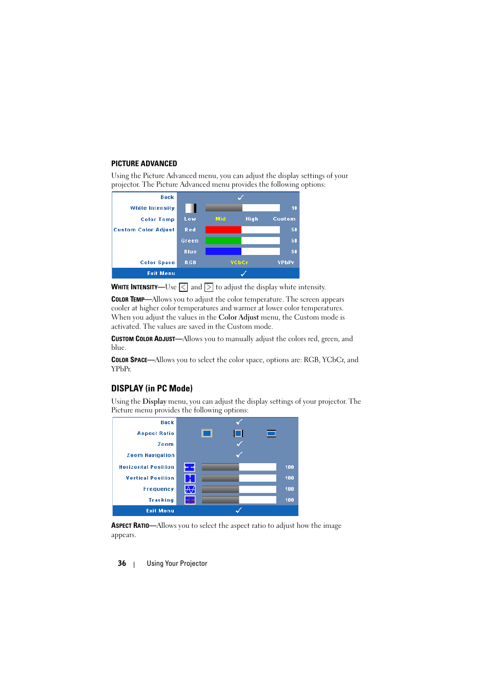 Picture advanced, Display (in pc mode) | Dell S300 Projector User Manual | Page 36 / 81