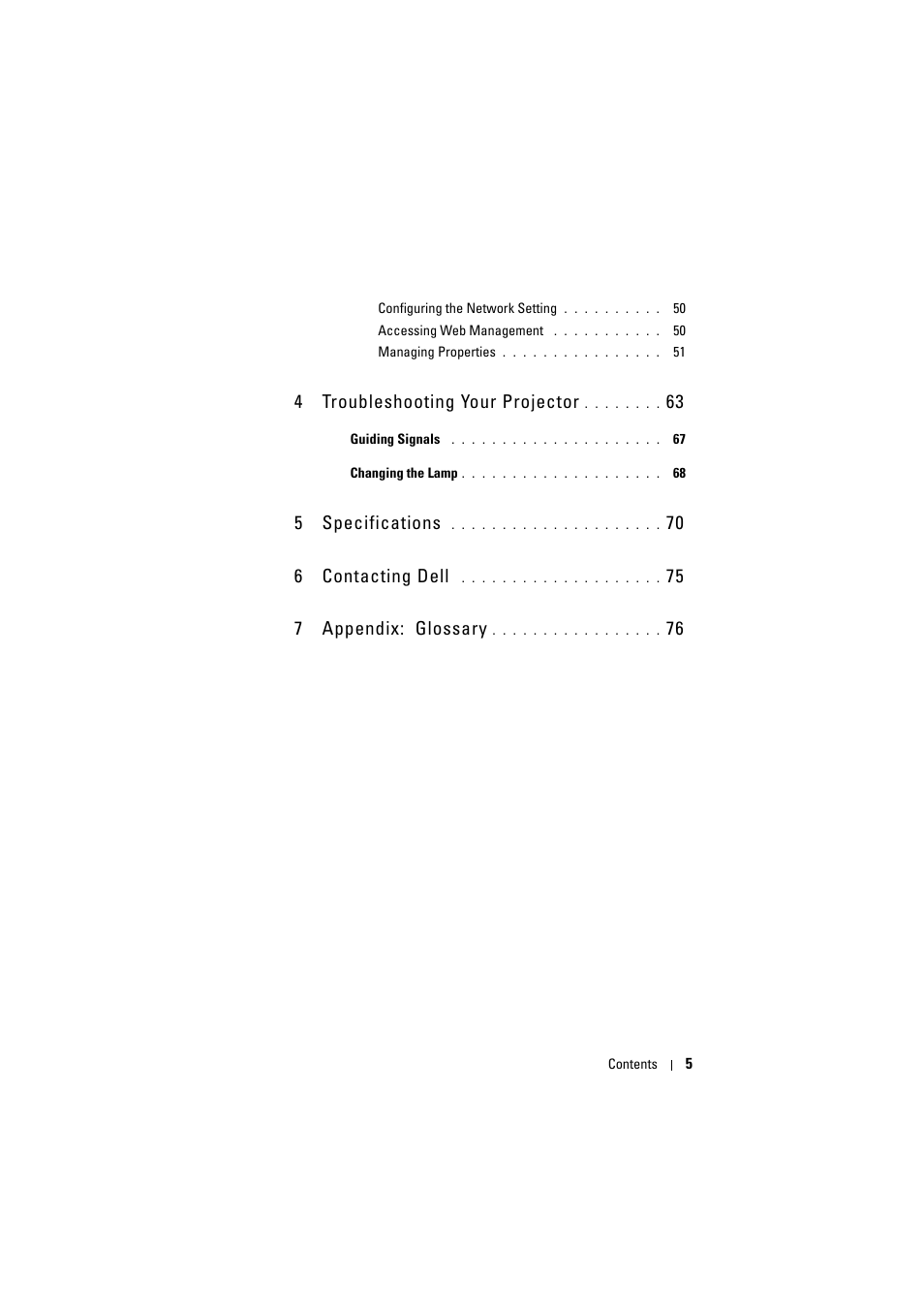 4 troubleshooting your projector 63, 5 specifications 70, 6 contacting dell 75 | 7 appendix: glossary 76, 4 troubleshooting your projector, 5 specifications, 70 6 contacting dell, 75 7 appendix: glossary | Dell S300 Projector User Manual | Page 5 / 81