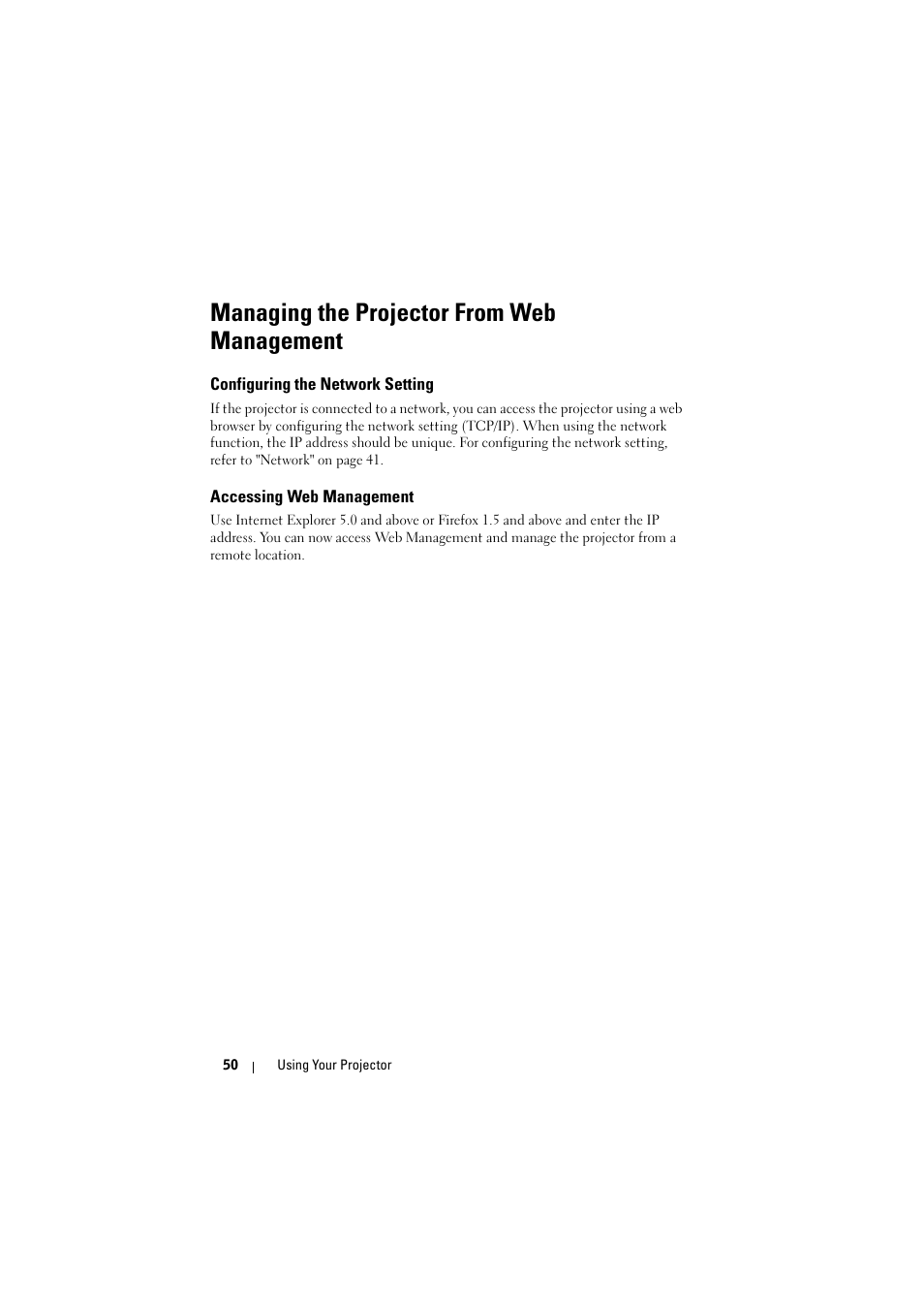 Managing the projector from web management, Configuring the network setting, Accessing web management | Dell S300 Projector User Manual | Page 50 / 81