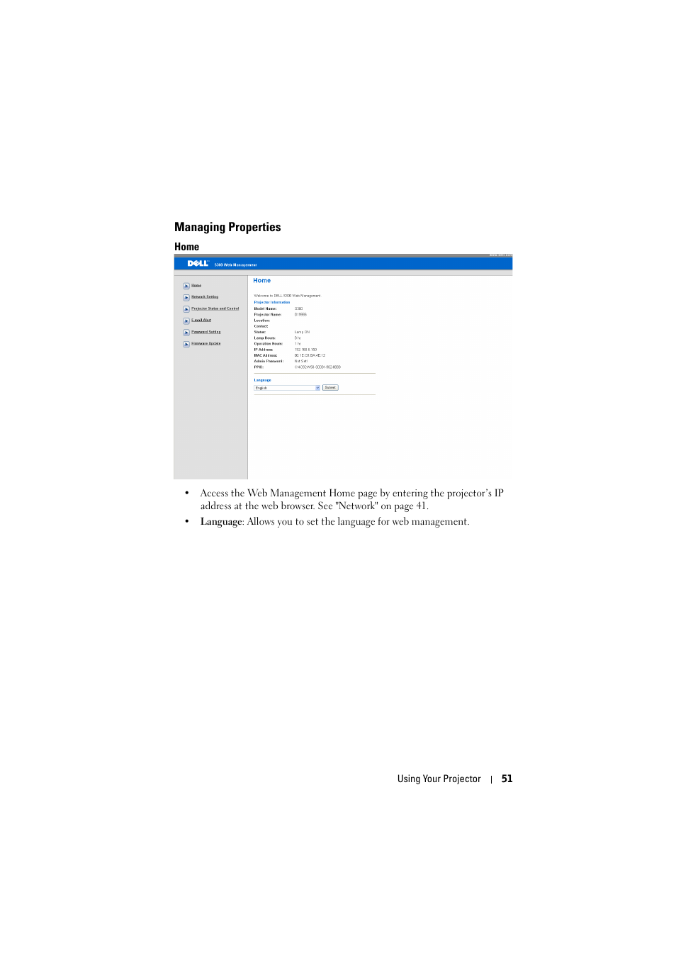 Managing properties, Home | Dell S300 Projector User Manual | Page 51 / 81