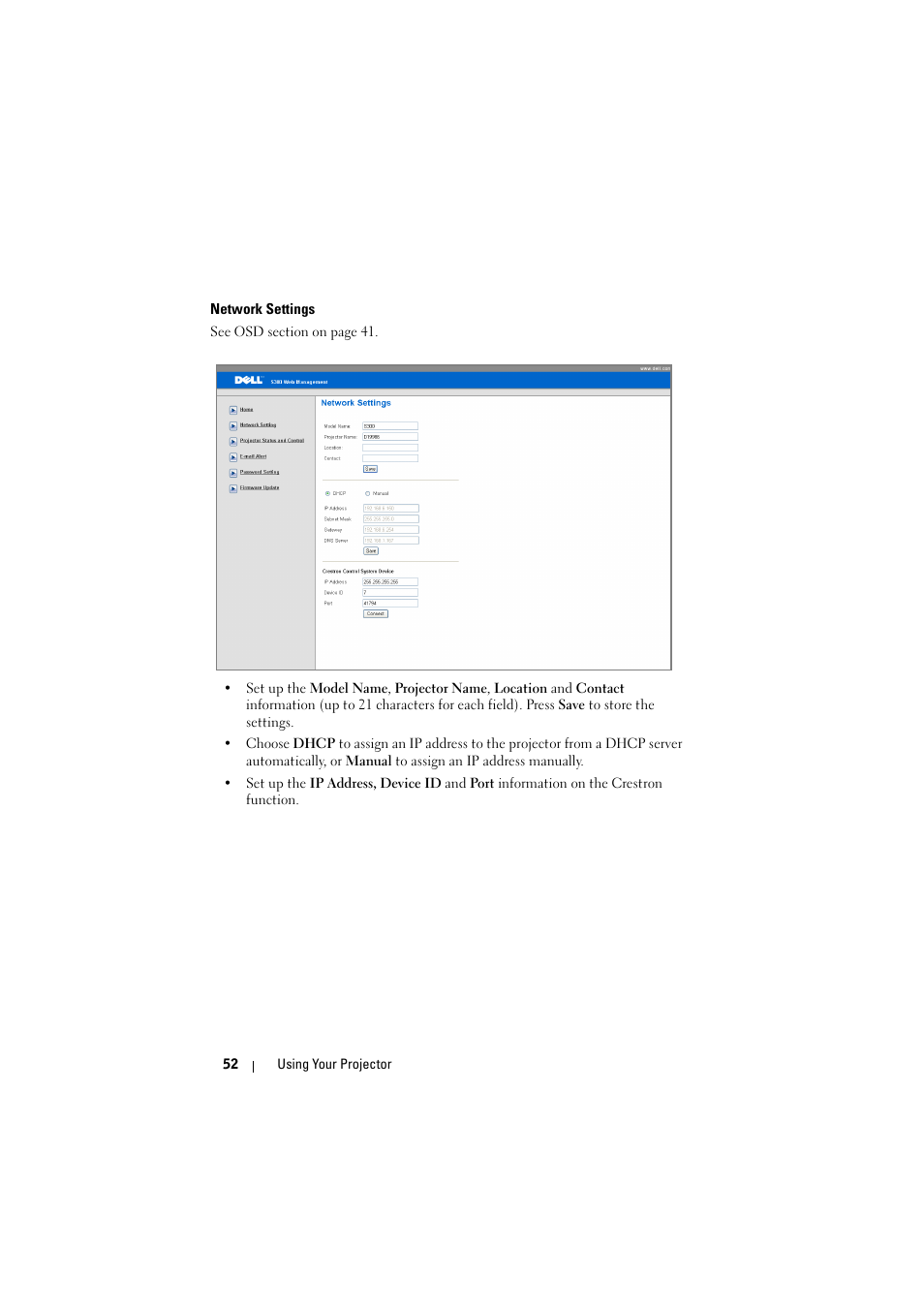 Network settings | Dell S300 Projector User Manual | Page 52 / 81