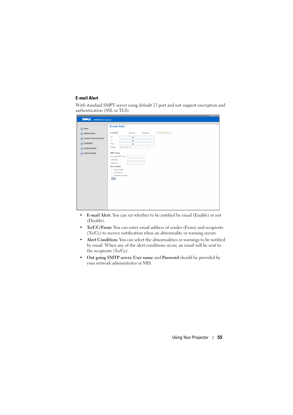 E-mail alert | Dell S300 Projector User Manual | Page 55 / 81