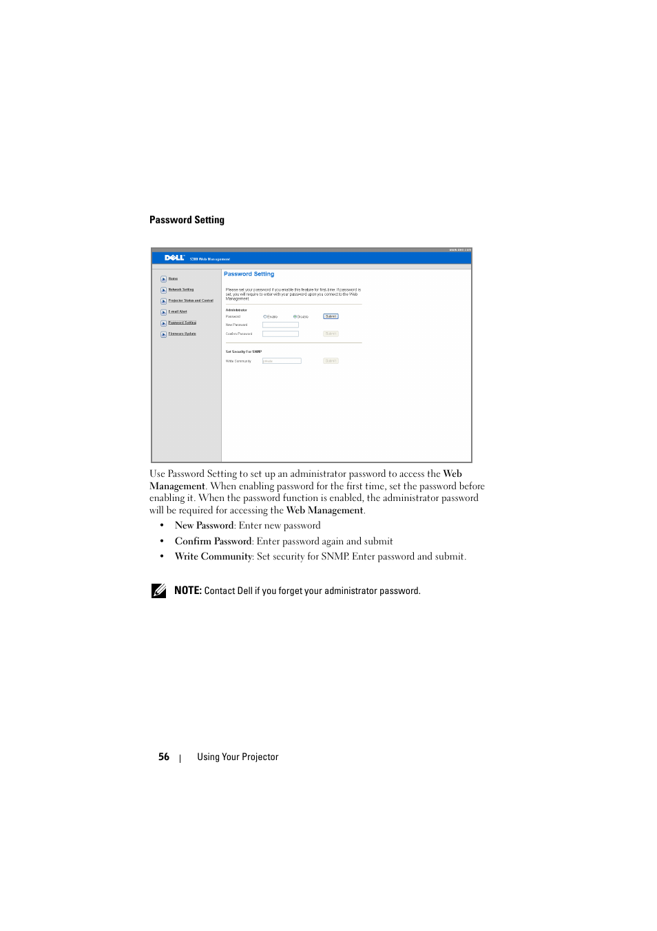 Password setting | Dell S300 Projector User Manual | Page 56 / 81