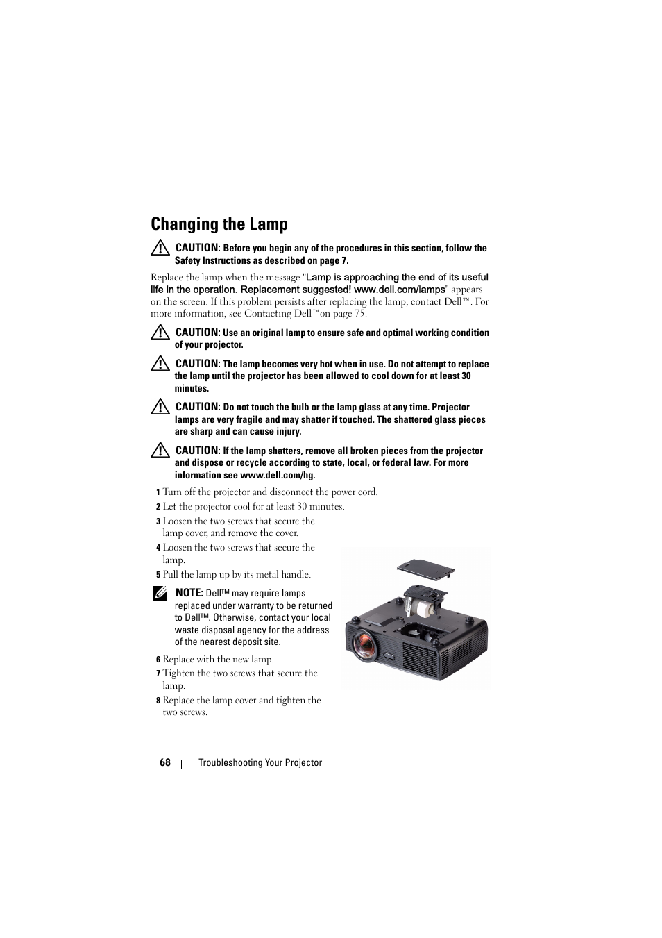 Changing the lamp | Dell S300 Projector User Manual | Page 68 / 81