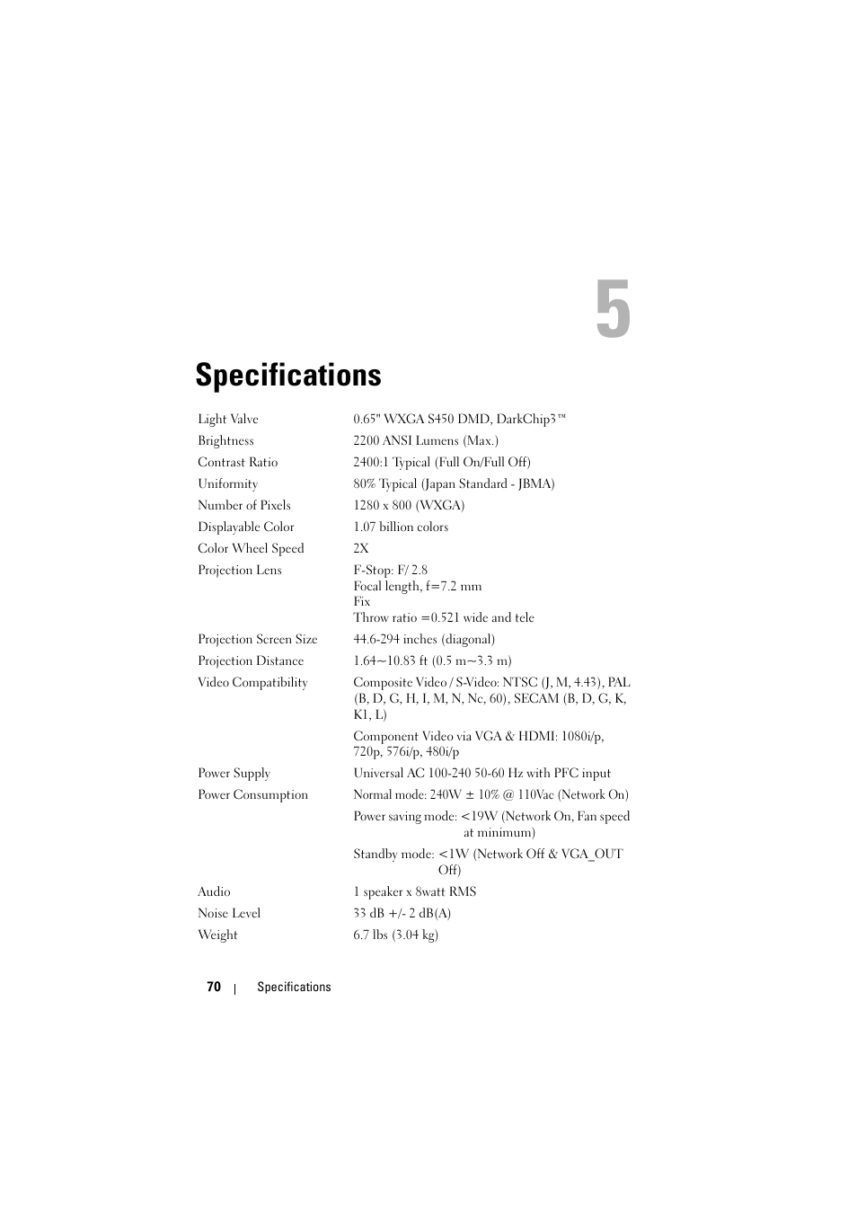 Specifications | Dell S300 Projector User Manual | Page 70 / 81