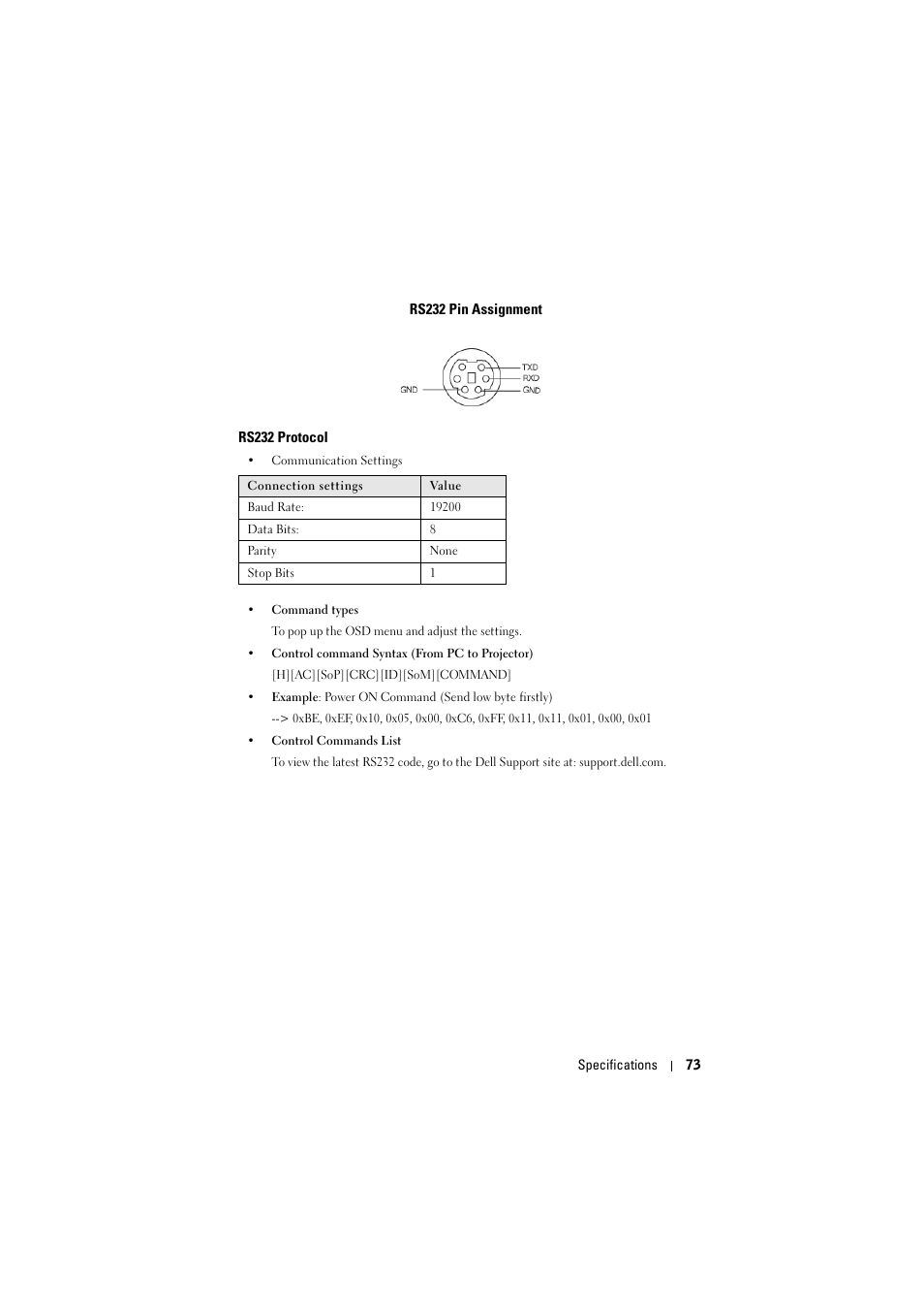 Rs232 pin assignment, Rs232 protocol | Dell S300 Projector User Manual | Page 73 / 81