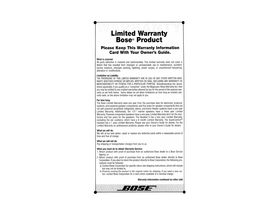 Warranty | Bose 151 User Manual | Page 16 / 17